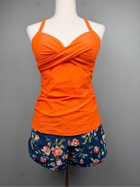 Tempt Me Tankini Swimsuit S Orange‎ Twist Front Floral Boyshort Bottom NWT